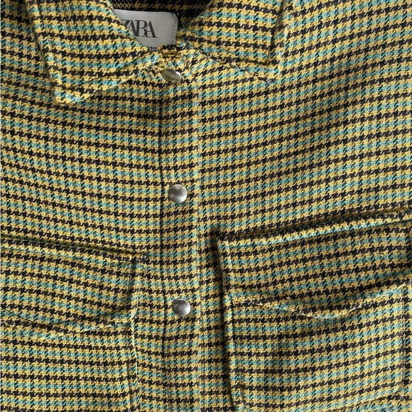 Zara Kids 6-7 Green Plaid Tweed Button Snap Jacket pea green, mustard, turquios - Picture 3 of 9